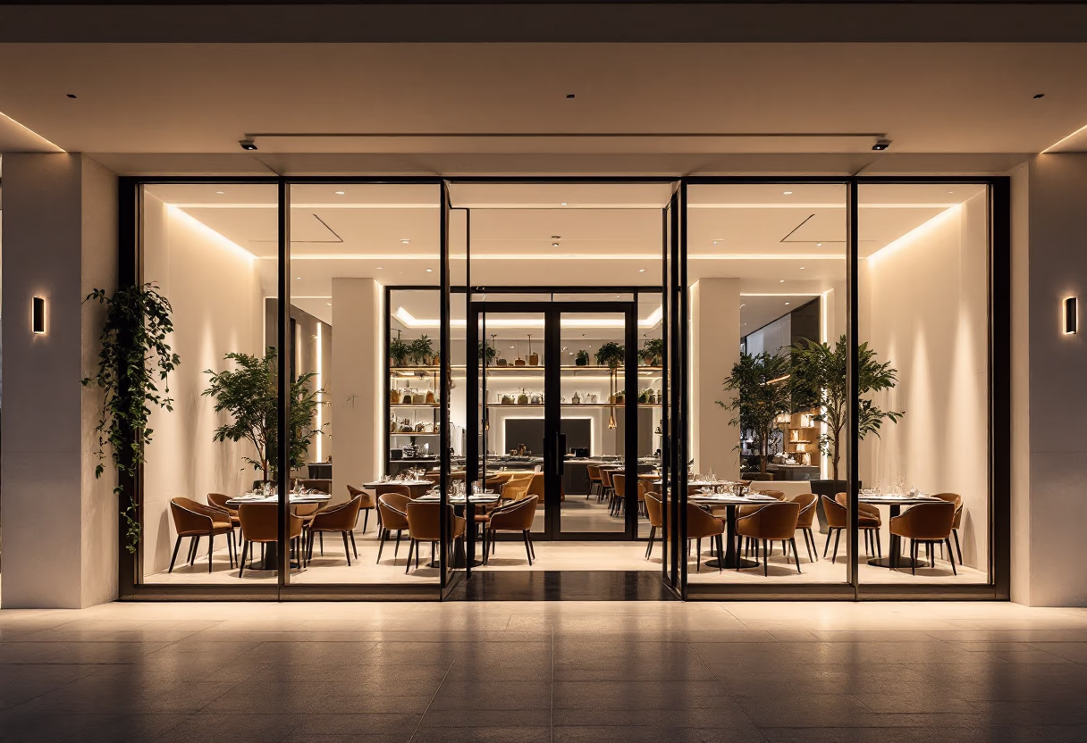 [background image] image of restaurant exterior at night (for a fine dining restaurant)