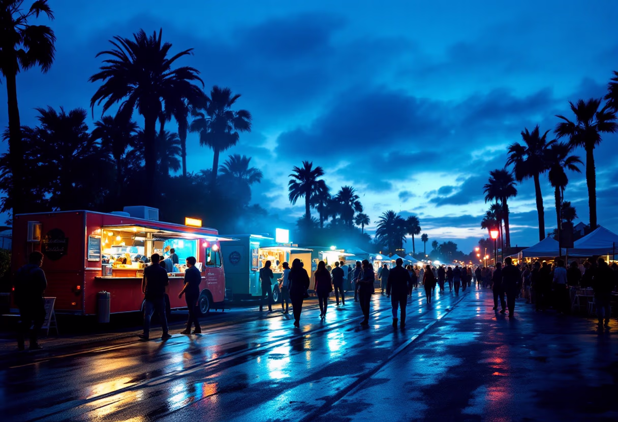 evening atmosphere at a food truck festival