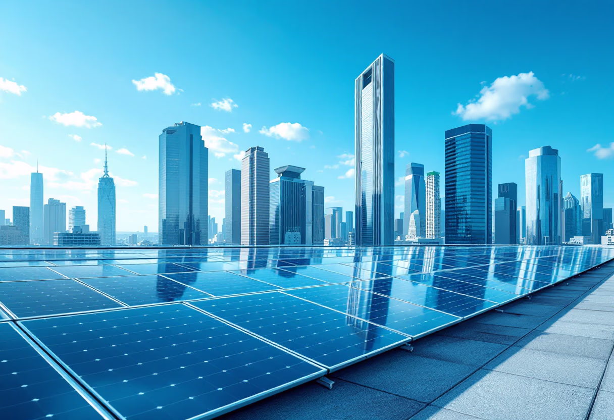 image of rooftop solar panels against a vibrant urban skyline