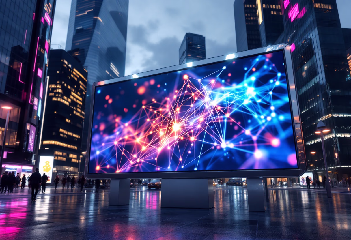[digital project] image of blockchain network visualization on a large advertisement screen in a cityscape (for a blockchain and cryptocurrency)