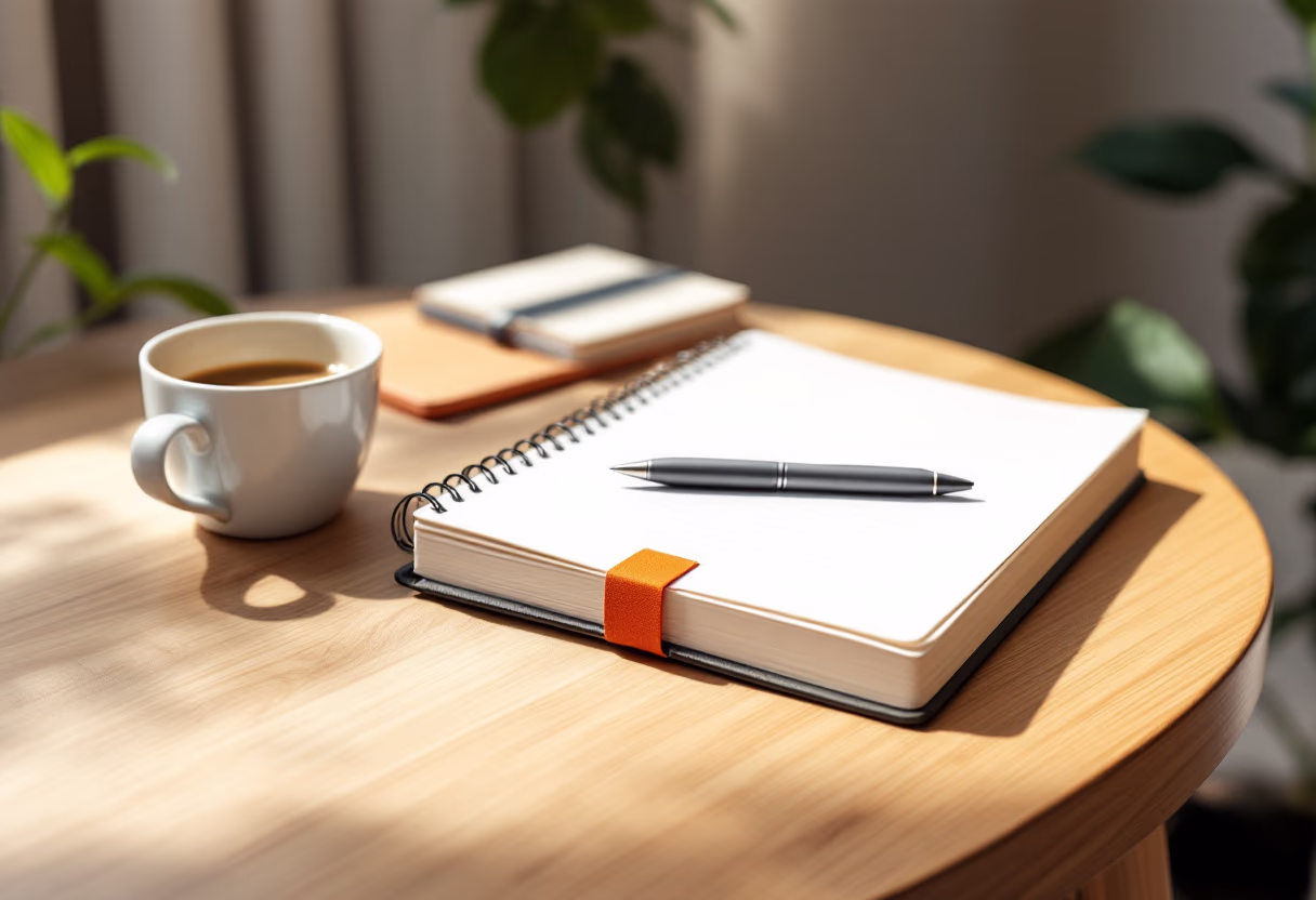 image of a notebook and coffee cup on a table for a productivity tools business