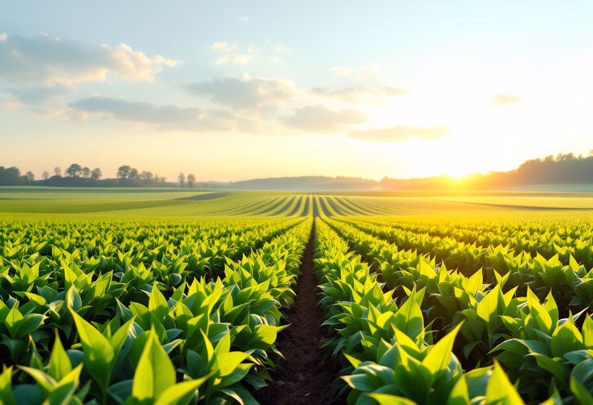 Sustainable carbon footprint, farmland with sunrise