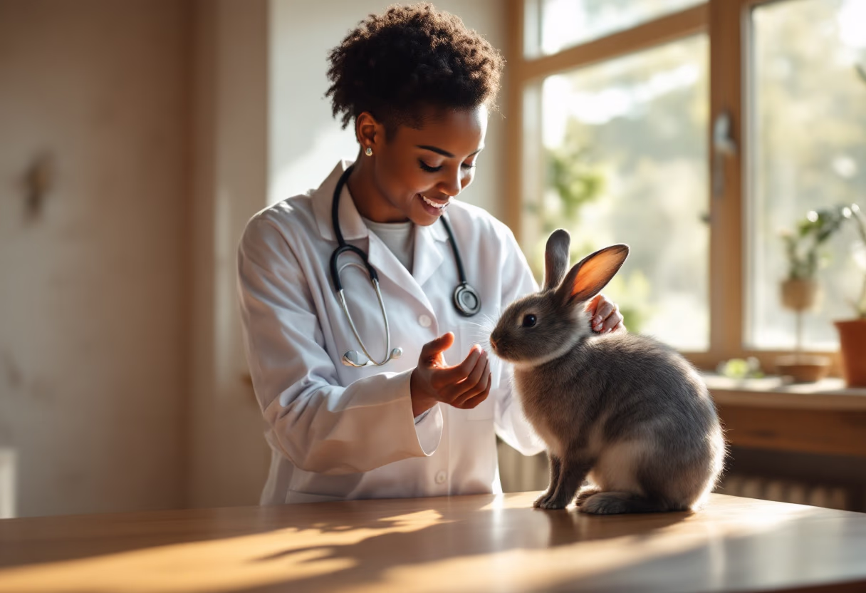 image of a vet inspecting a rabbit in an examination room