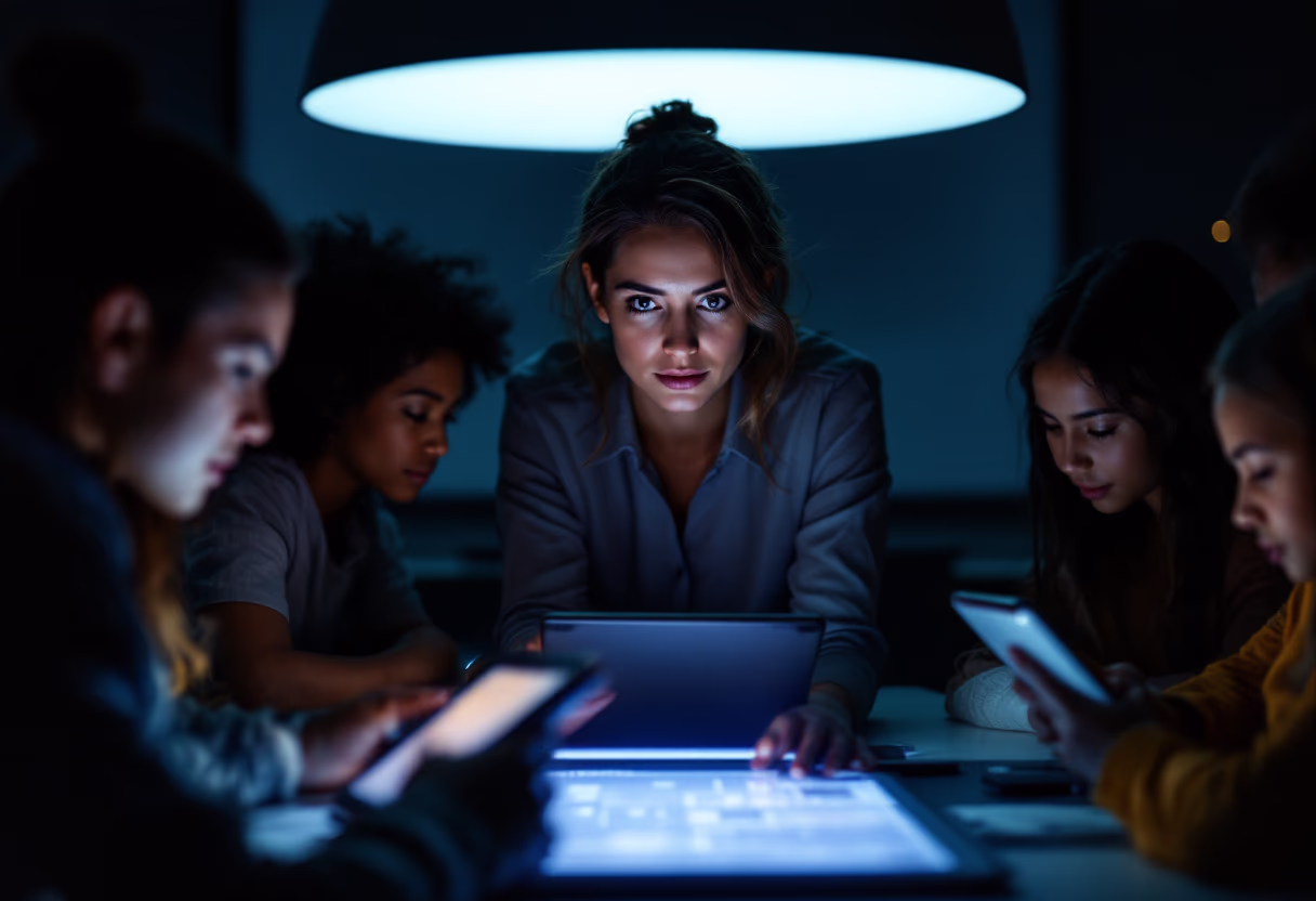image of a teacher interacting with students using digital tools (for an edtech)