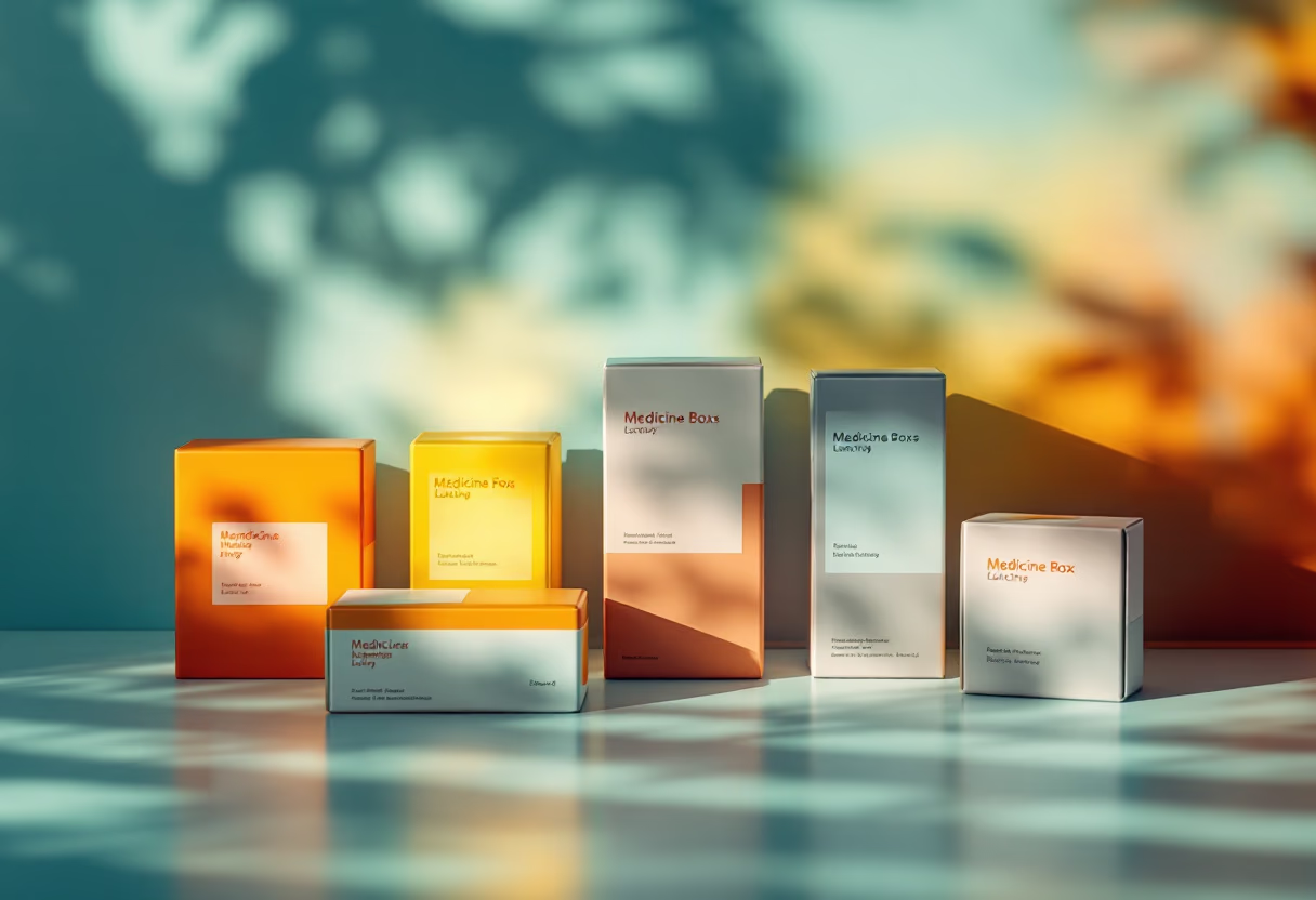 image of medicine boxes in a pharmacy