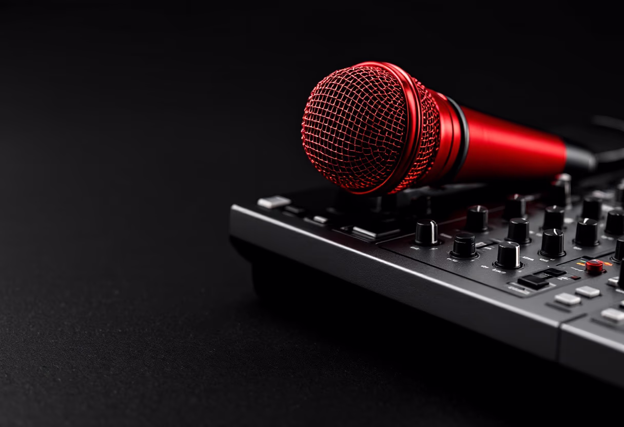 image of microphone and soundboard for a musician & band