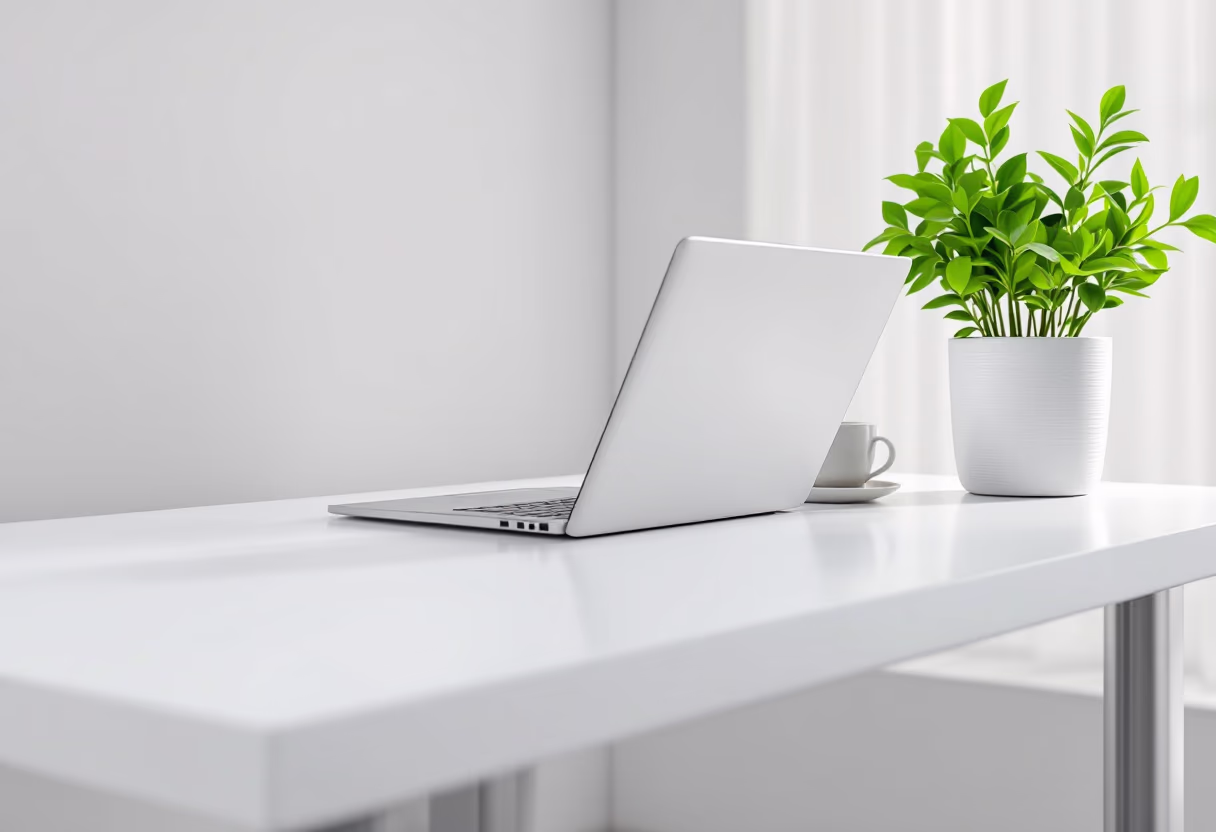 [background image] image of a desk with a laptop and a plant (for an ai marketing tech company)