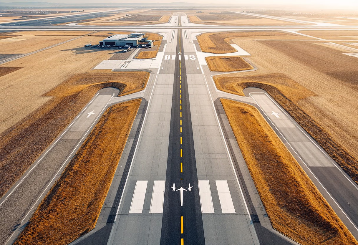 [background image] aerial view of airport runway network for an aviation service.