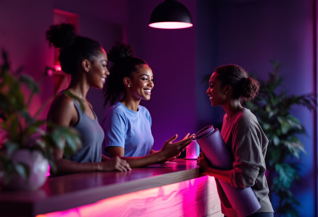 customer asking questions at yoga studio front desk