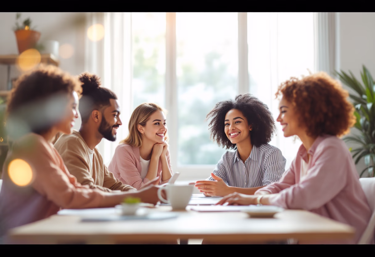 Group of friends talking and laughing around a table in a bright room.