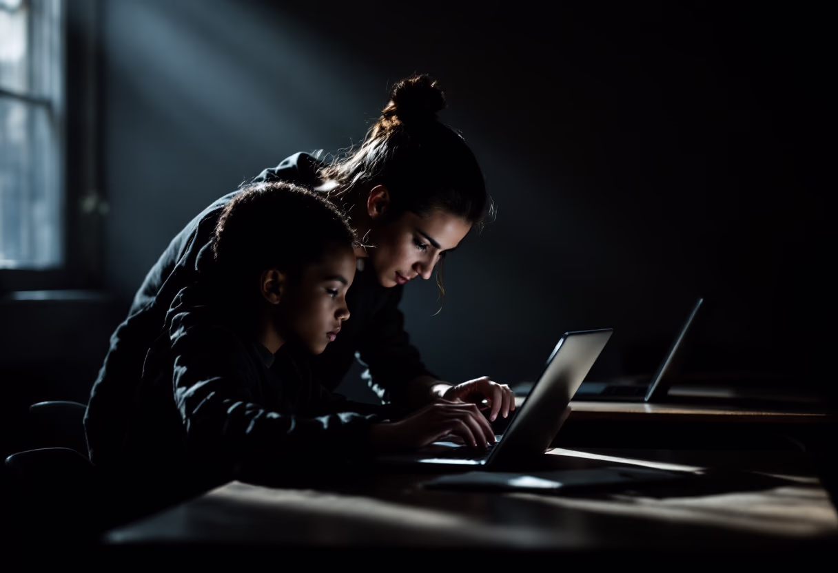 image of a teacher interacting with students using digital tools (for an edtech)
