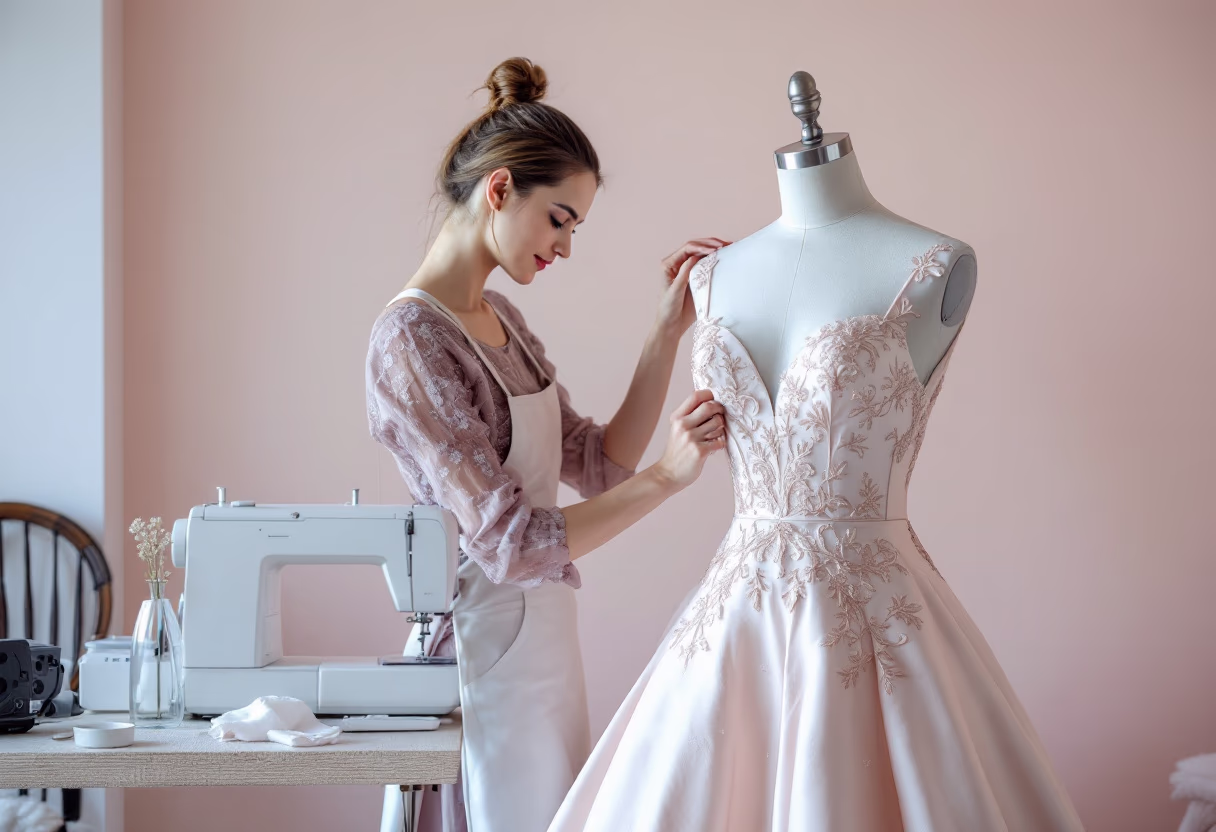 image of a tailor adjusting a dress on a mannequin