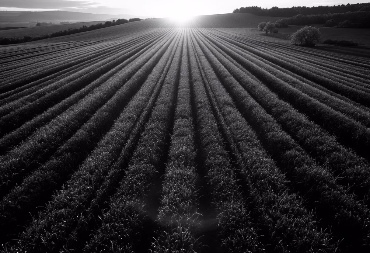 image of farmland with sunrise