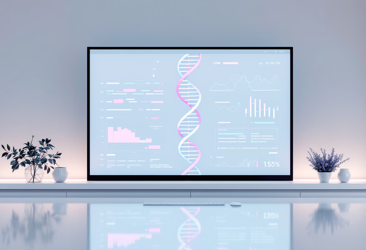 image of dna visualization on a screen (for an ai biotech company)