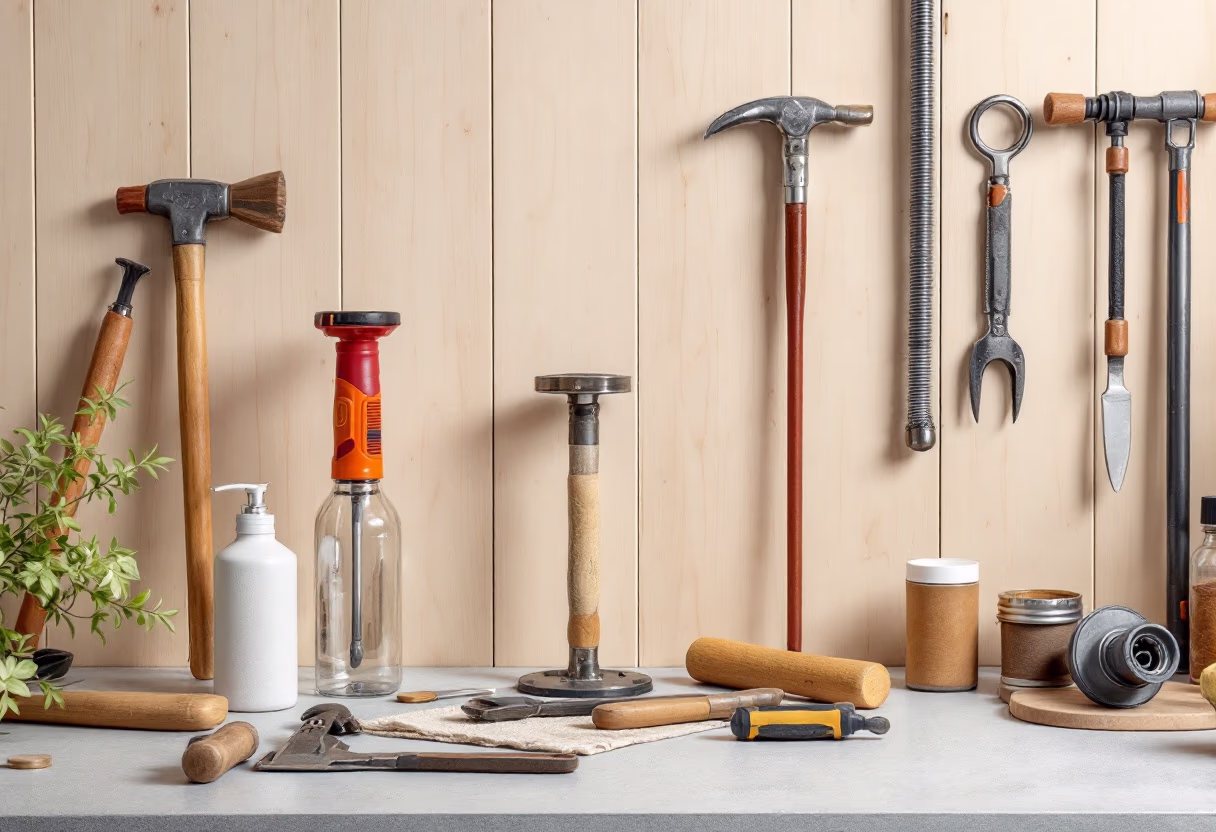 image of tools organized on a workbench for a plumbing service