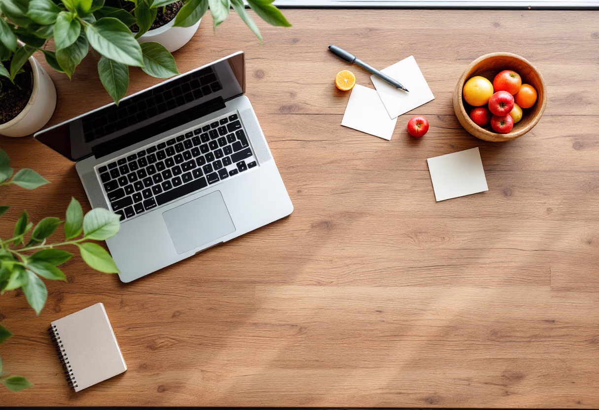 [background image] image of topdown photo of desk with laptop (for a food and agtech)