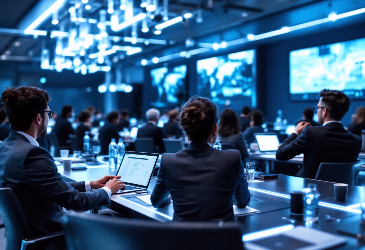 image of a modern corporate conference at a tech firm's headquarters