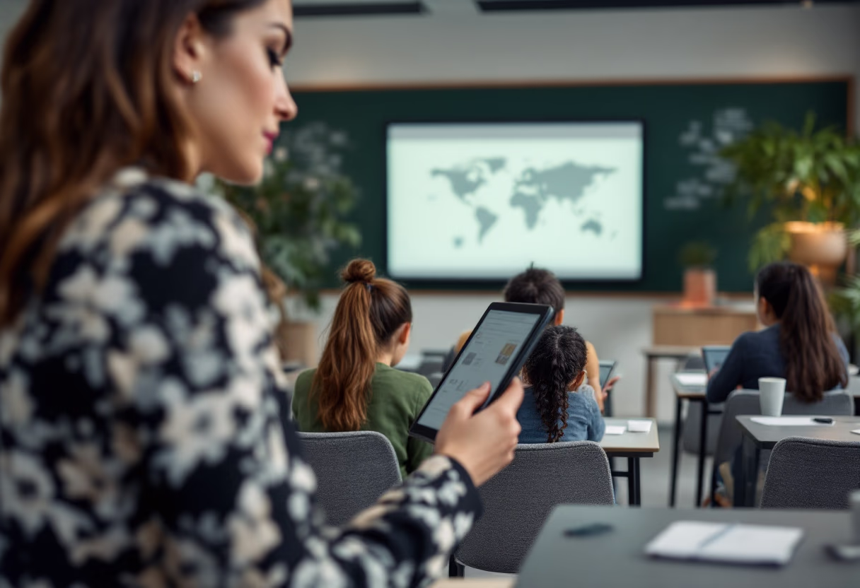 image of a teacher interacting with students using digital tools for an edtech