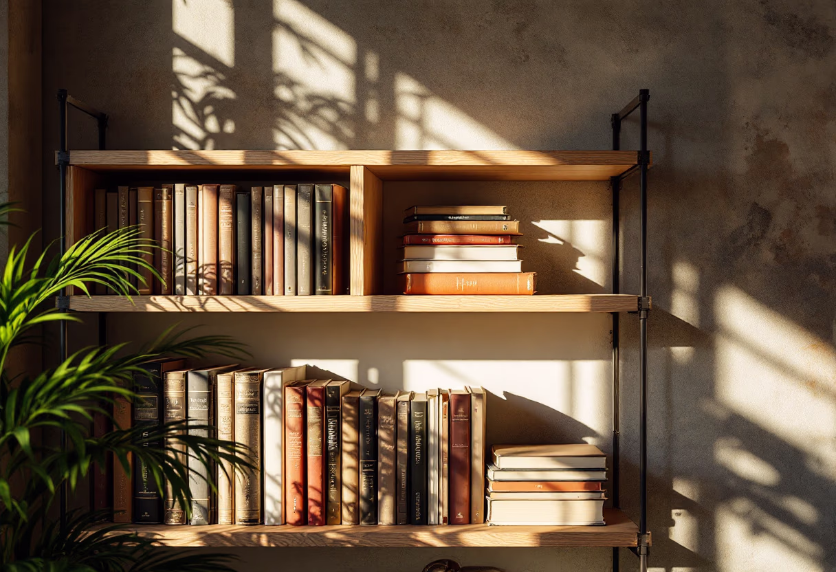 image of a loft-style office bookshelf with finance materials