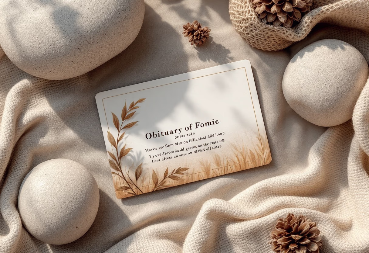 image of obituary card in serene setup