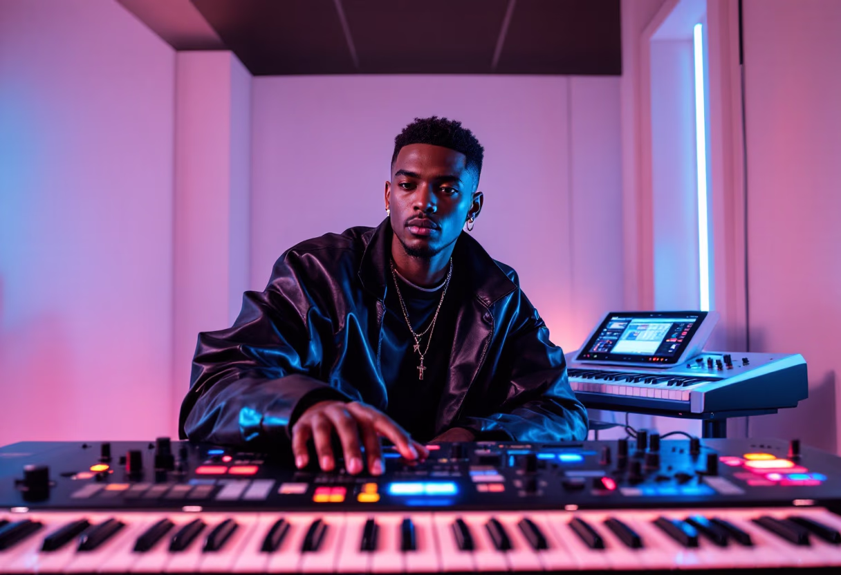 image of musician in recording studio