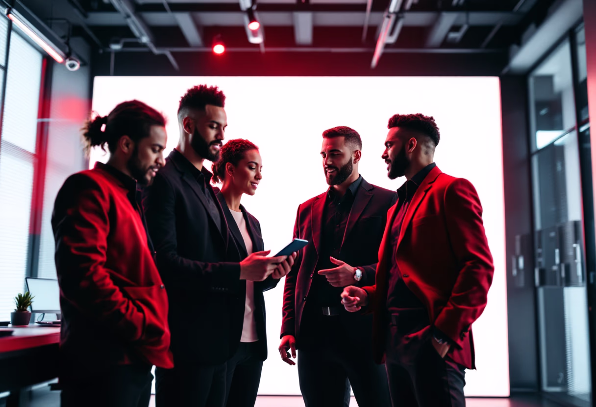 image of busy office with team collaborating (for a fintech company)