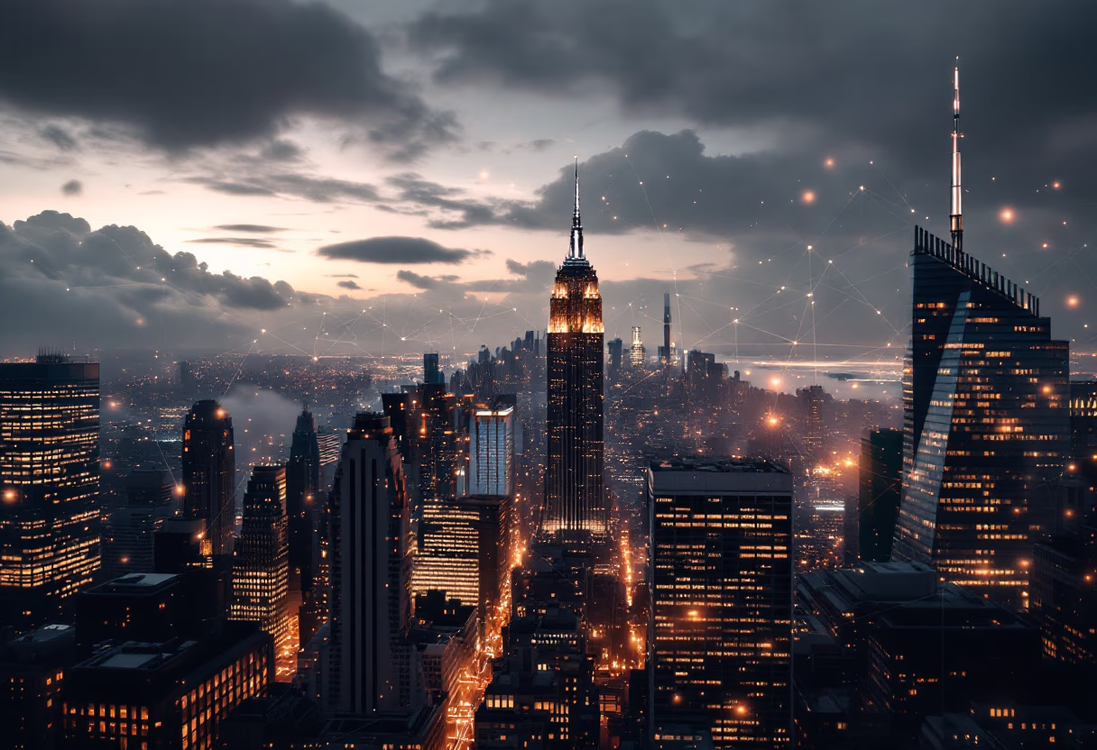 image of a cityscape with digital overlays (for a web development agency)