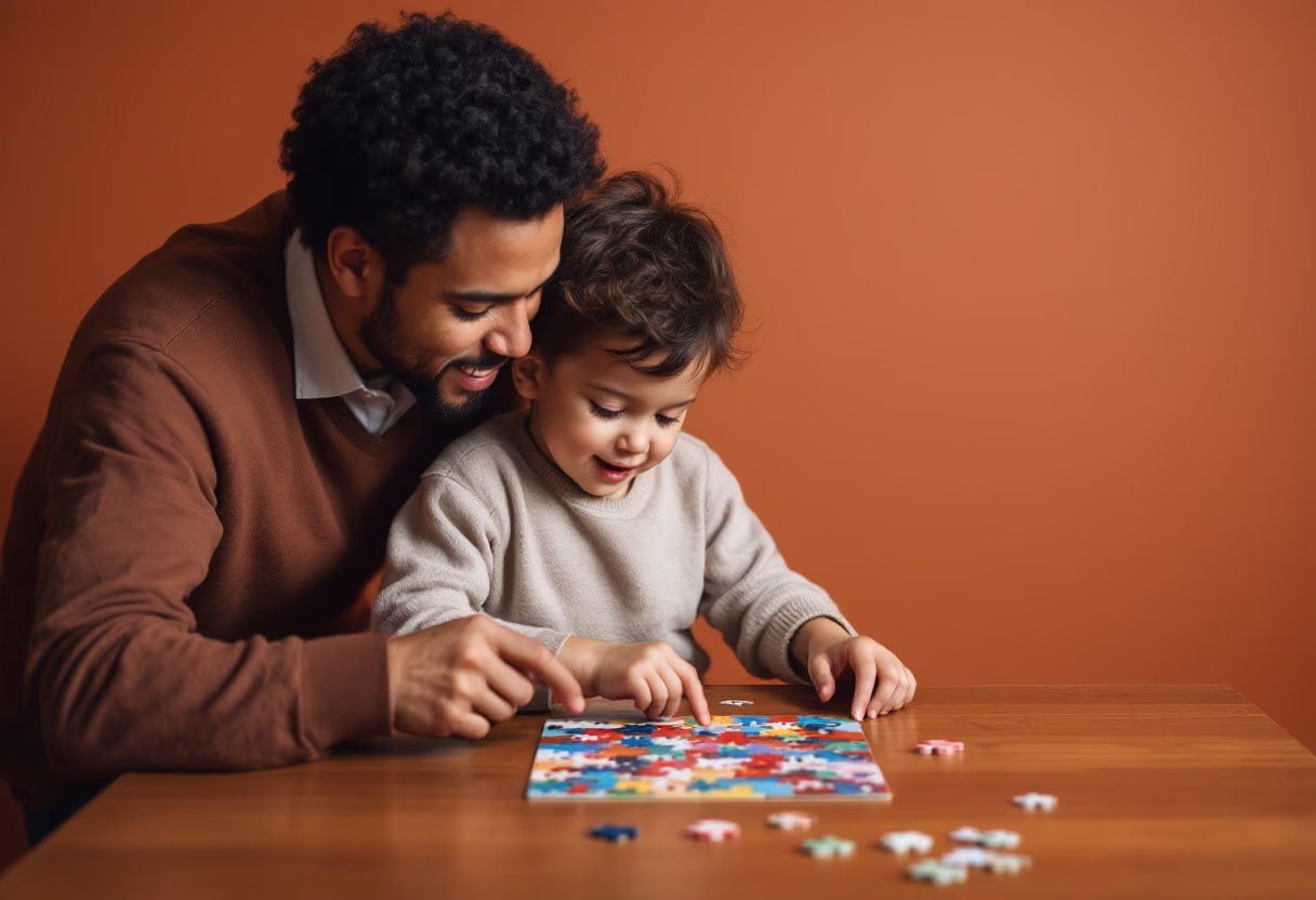 image 2: a sleek photo of a parent guiding a child in playing with a puzzle