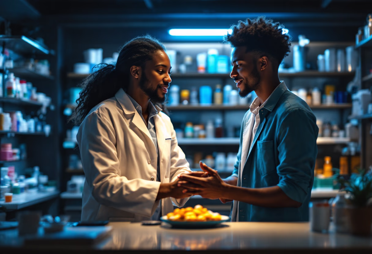 image of pharmacist explaining medication to a customer