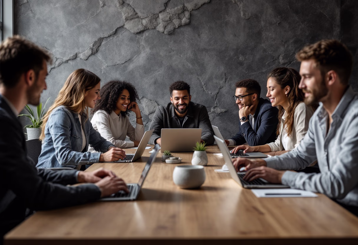 image of busy office with team collaborating (for a fintech company)