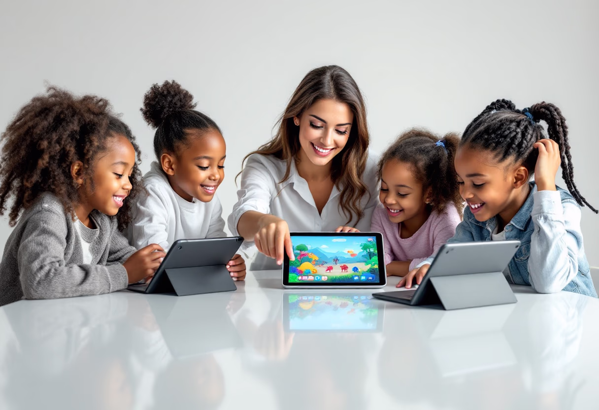 image of volunteer teaching children