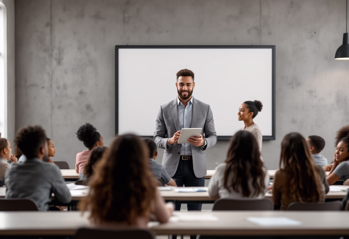 image of a teacher interacting with students using digital tools for an edtech