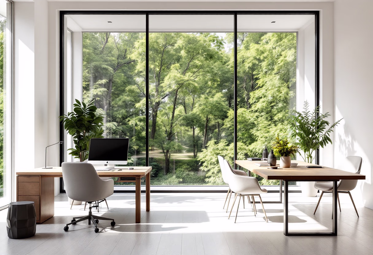 [background image] image of a nature scene visible through office windows