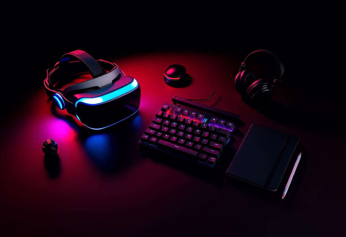 [background image] image of a desk with tech gadgets (for an ai developer tools)