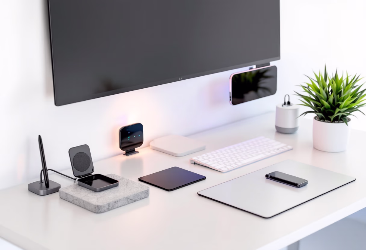 [background image] image of a desk with tech gadgets