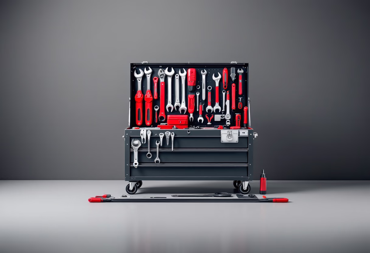 [background image] image of toolbox in workshop (for a plumbing service)