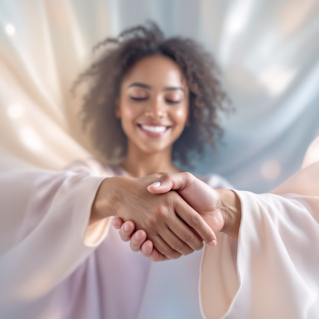 [headshot] image of customer with company representative shaking hands (for a fintech company)