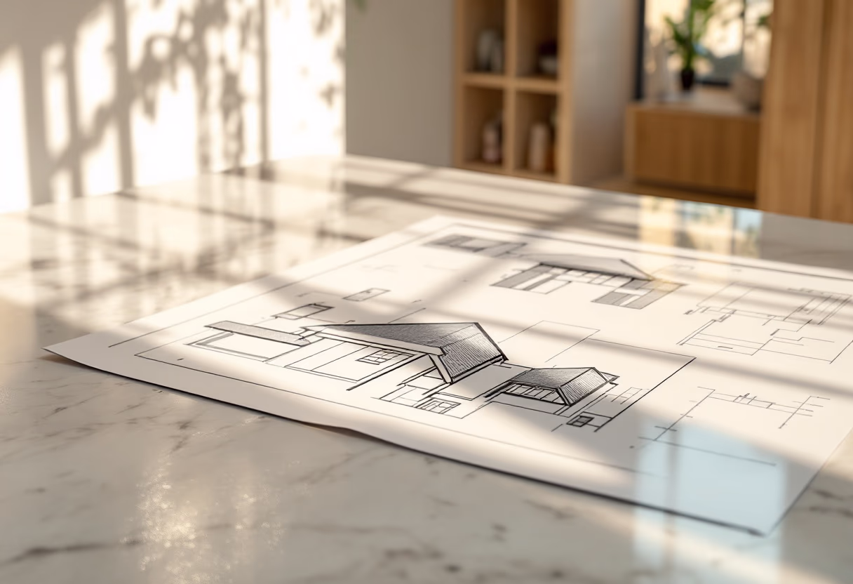 [background image] of architecture plans for a roofing contractor