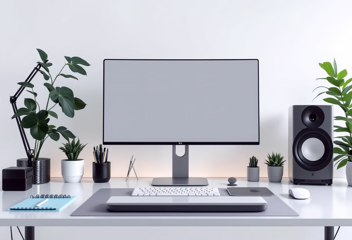 image of a desk with a computer in workspace (for a space tech)