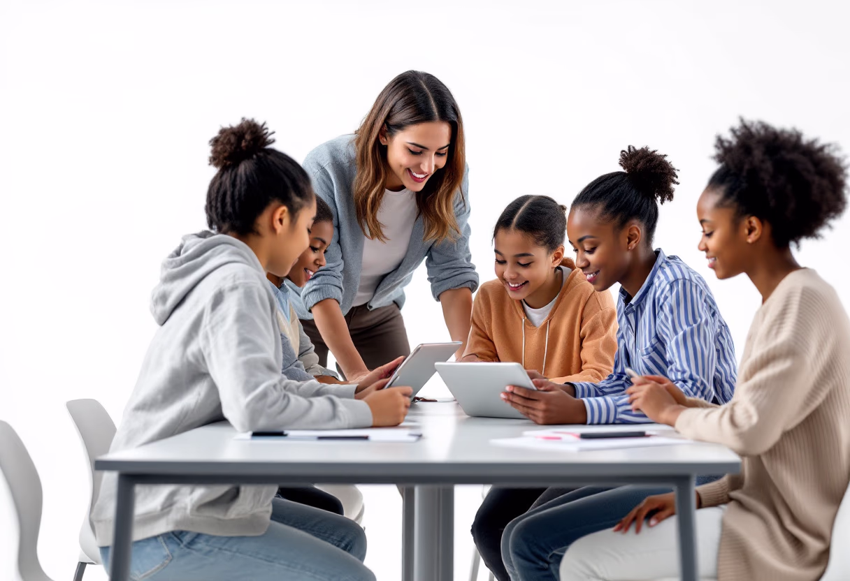 image of a teacher interacting with students using digital tools