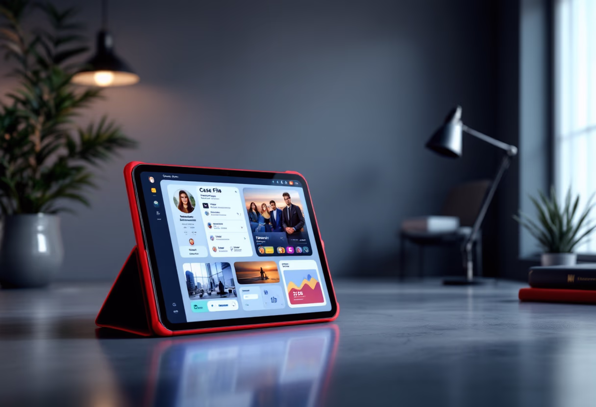 [digital project] image of case file app on a tablet in a workspace