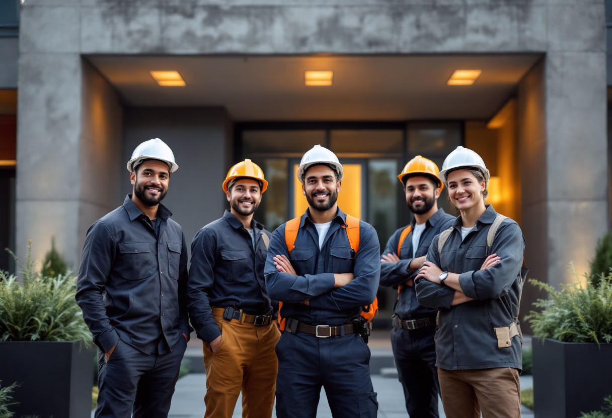 image of team in front of company building (for a roofing contractor)