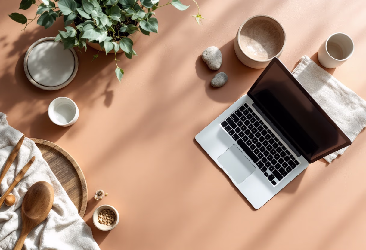 [background image] image of topdown photo of desk with laptop (for a food and agtech)