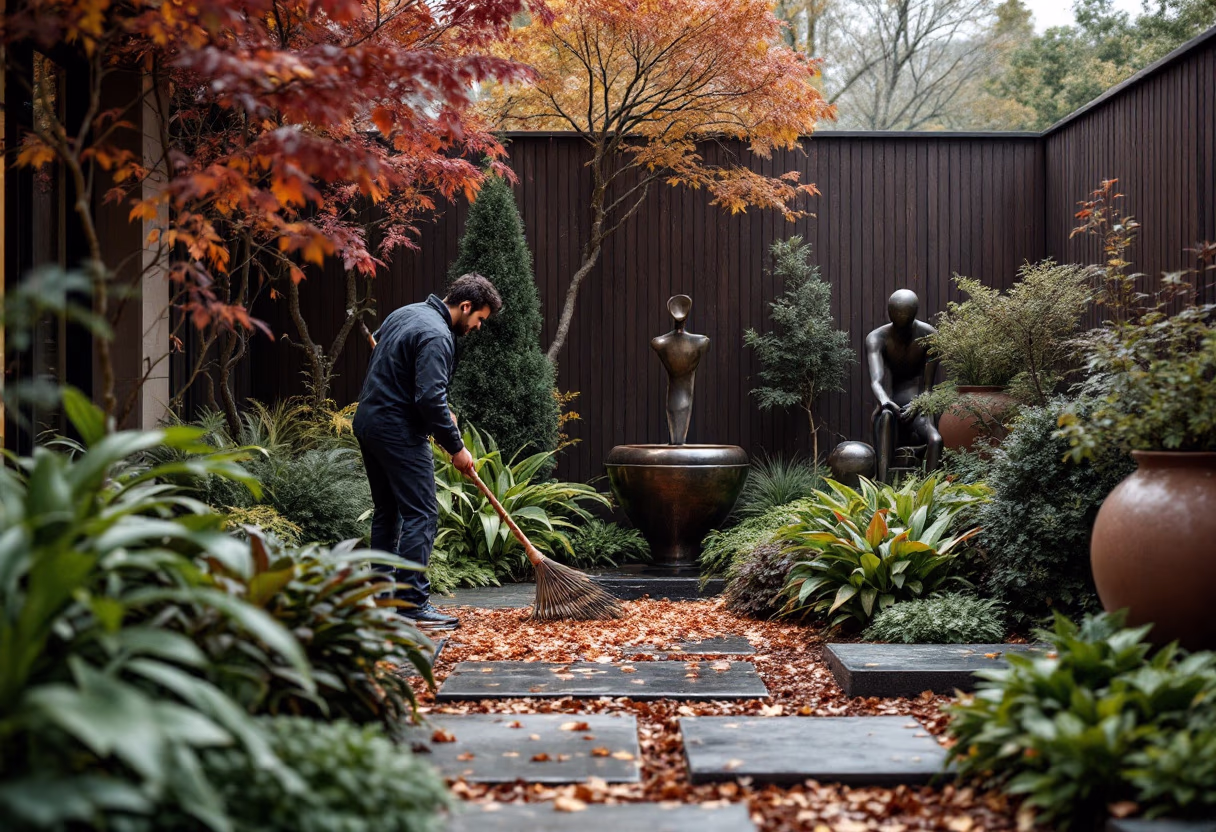 image of an exterior fall cleaning scene in a luxurious urban garden setting