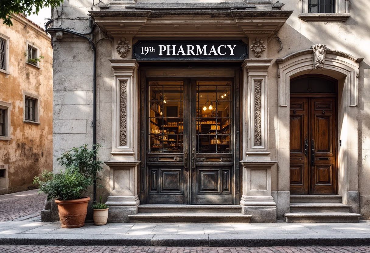 [background image] historic pharmacy building or storefront (for a pharmacy)