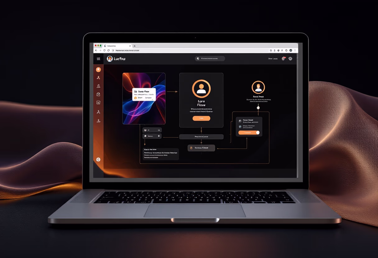 [interface] graphic design of app flow diagram (for a consumer apps) on a laptop screen