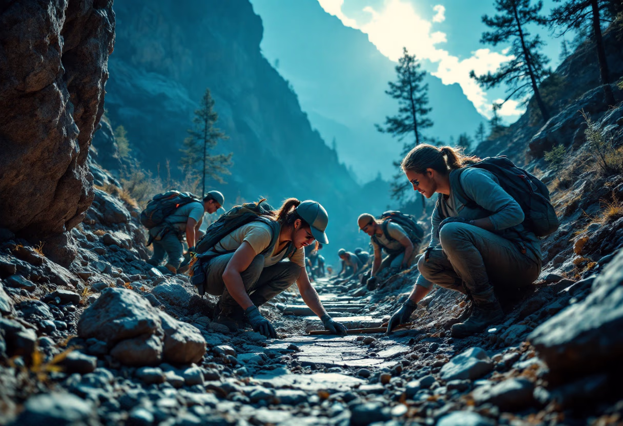 image of volunteers constructing a hiking trail in mountains