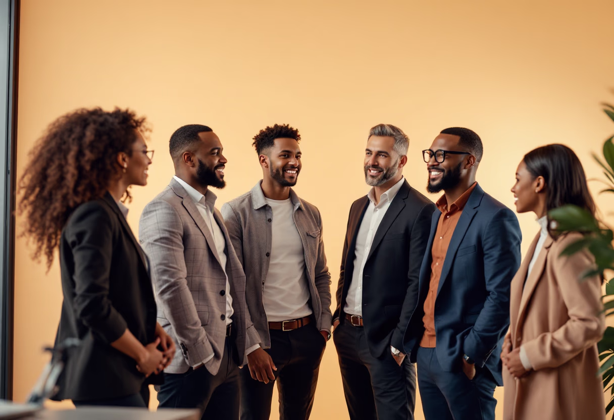 image of busy office with team collaborating (for a fintech company)