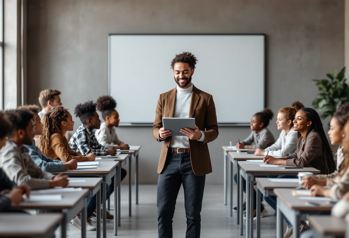 image of a teacher interacting with students using digital tools for an edtech