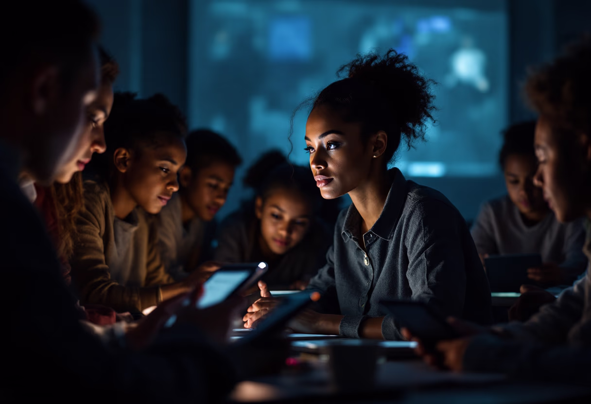 image of a teacher interacting with students using digital tools (for an edtech)